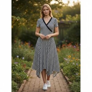 INC International Concepts Womens Striped Handkerchief Hem Midi Dress BlackWhite